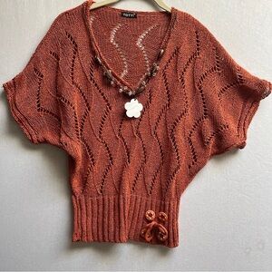 Totti Burnt Orange Crochet Knit Sweater w/ Beaded Necklace Detail Sz S
